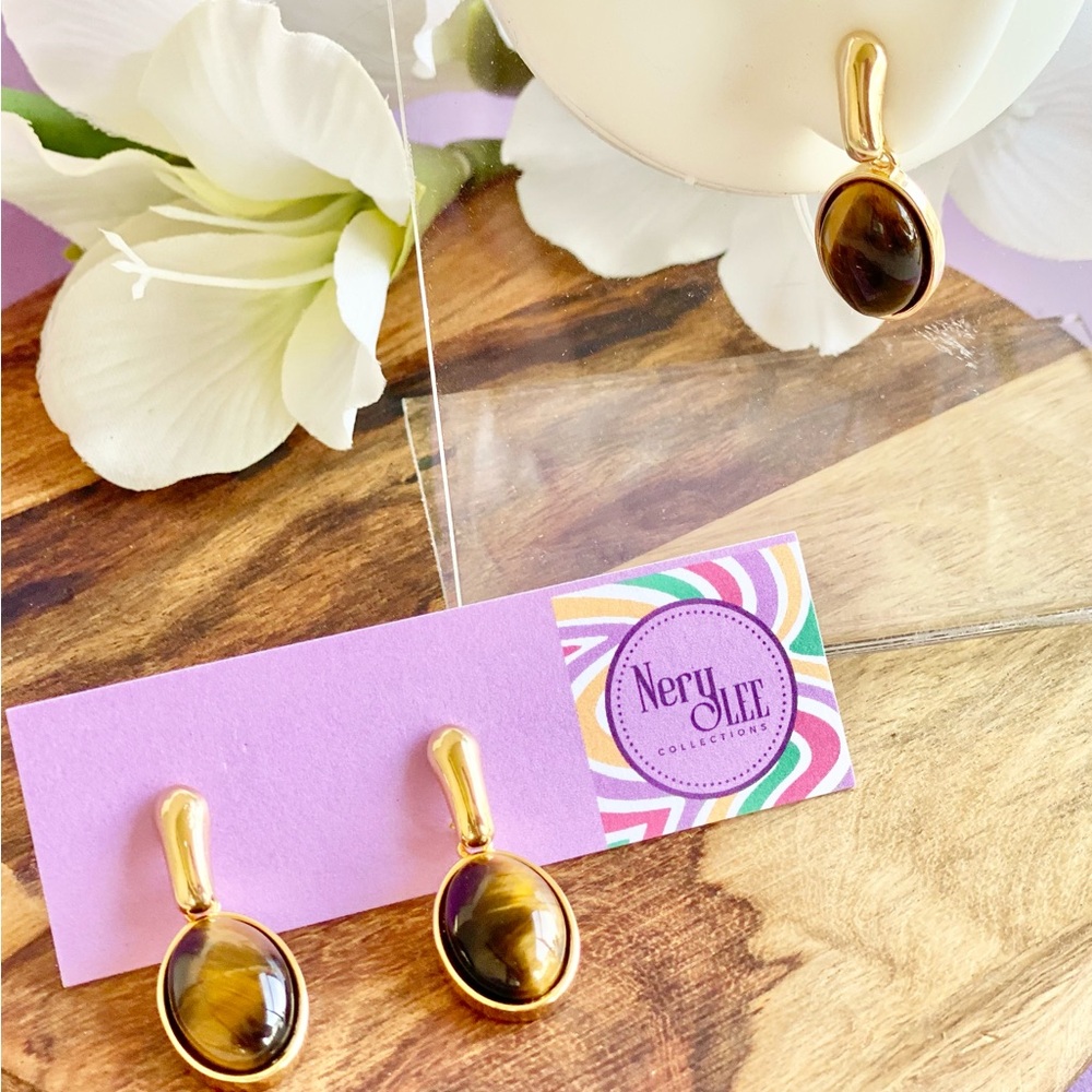 NEW 18K Gold Filled Oval Dangle Stone Stud Earrings